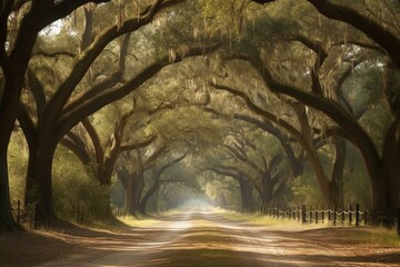 Country Road Lined with Oaks in Savannah, Georgia. Generative AI - obrazy, fototapety, plakaty
