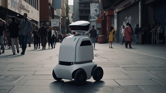 Humanoid robot delivery service, city background. AI generated