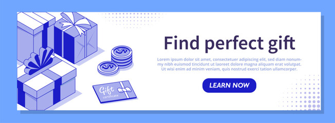 Find perfect gift banner. Present boxes, vouchers and coupons, coins. Special offer, electronic commerce and marketing, advertising. Landing page design. Cartoon isometric vector illustration