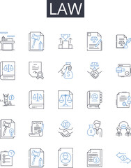 Law line icons collection. Justice, Legislation, Rulebook, Statute, Decree, Regulation, Bylaw vector and linear illustration. Code,Statutory law,Ordinance outline signs set