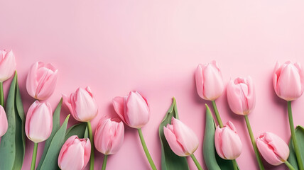 Spring Tulip Flowers Top View Composition with Copy Space for Mother's Day Celebration Idea on Pastel Pink Background