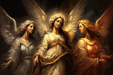 three angels standing next to each other on a dark background Generative AI
