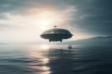 Fototapeta na wymiar spaceship flying over the sea. Generative AI