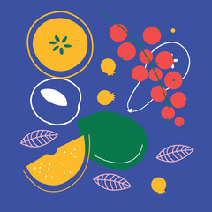 Appetizing fruit and berries collection. Decorative abstract horizontal banner with colorful doodles. Hand-drawn modern illustrations with fruit and berries, abstract elements. Abstract series