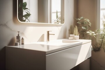 Naklejka na ściany i meble Modern and luxury bathroom vanity with white quartz countertop and rectangle washbasin in sunlight from window and leaf shadow on beige wall. Generative AI