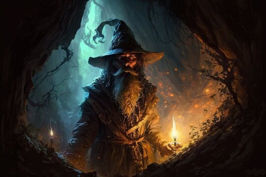 a wizard standing in a cave with a candle in his hand Generative AI