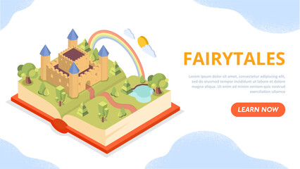 Fairytales book concept. Fiction for children. Big castle in clearing with rainbow, middle ages and history. Imagination and fantasy, dream. Landing page. Cartoon isometric vector illustration