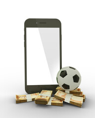 3D rendering of a mobile phone with  soccer ball and stacks of Venezuelan bolivar notes isolated on transparent background.