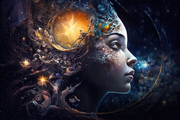 a woman's head with a tree and stars in the background Generative AI