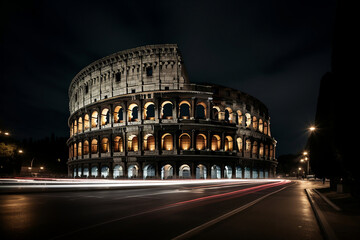 The Colosseum in Rome, photographed at night with a long exposure to capture the light trails of passing cars and create a moody atmosphere