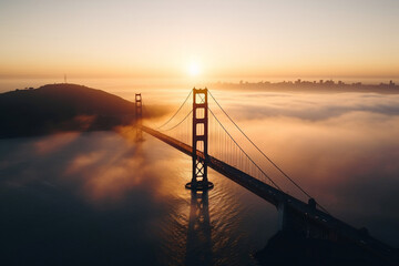   The Golden Gate Bridge, photographed from a drone at sunrise with the bridge partially obscured by fog. The shot captures the bridge's iconic shape and location