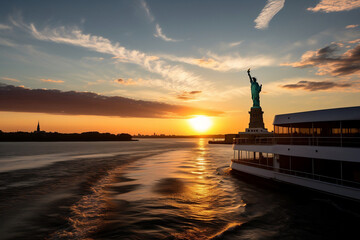  The Statue of Liberty, photographed from a ferry at sunset with a wide-angle lens to capture the skyline of New York City in the background