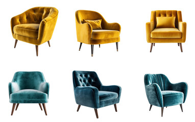 Group of luxurious marigold yellow and teal blue arm chairs in leather or velvet. Isolated on transparent background. Created using generative AI.