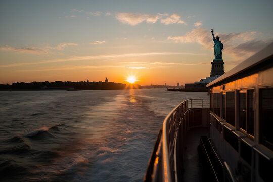  The Statue of Liberty, photographed from a ferry at sunset with a wide-angle lens to capture the skyline of New York City in the background