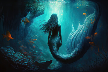 Beautiful mermaid swimming in the depths, illustration generative AI - obrazy, fototapety, plakaty