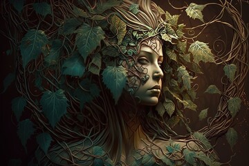 a illustration of a woman with leaves on her head Generative AI