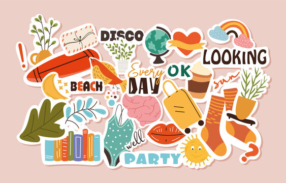 Set of stickers. Collection of inscriptions, lips and brain, swimsuit. Leisure and vacation. Socks, ice cream, rainbow and globe. Cartoon flat vector illustrations isolated on pink background