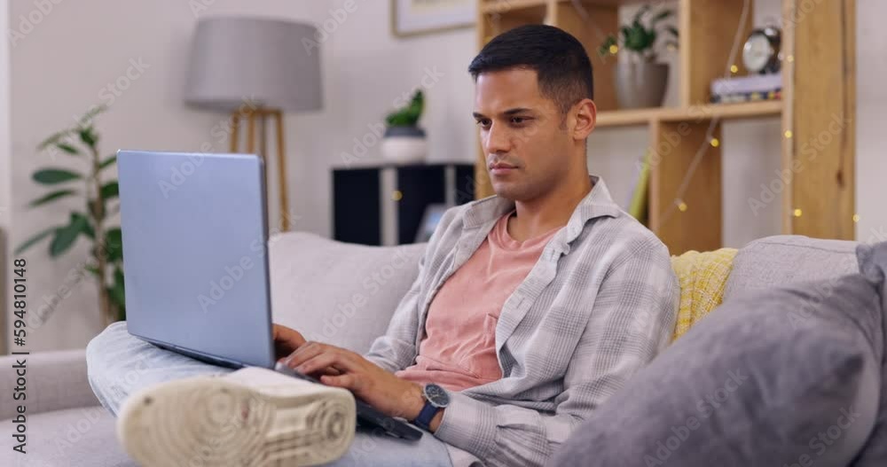 Poster remote work, laptop and man on sofa typing email, report and working on social media project in home