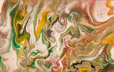 Creative multicolored acrylic paint pouring, fluid art background with abstract painted waves