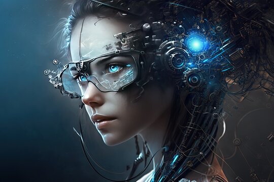 a woman with a futuristic head and glasses Generative AI