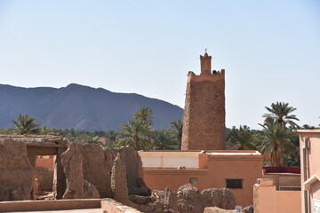 Stone minaret of oldest mosque in Oasis of Figuig, Oriental province, Eastern Morocco