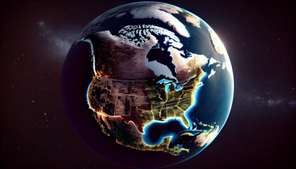 Cinematic space view of North America. Earth day concept. Ai generated image