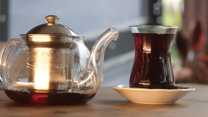 Turkish tea brewed in a transparent teapot
