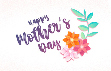 Mothers day banner. Beautiful text with multicolored flowers. Symbol of summer and spring seasons. Design element for greeting card. Love and care in family. Cartoon flat vector illustration