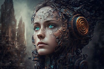 a woman's head with a futuristic city in the background Generative AI