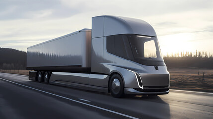 Futuristic electric Truck with trailer rides on the road. Transport Concept of the Future. Eco-friendly traffic. Sustainable Development Goals (SDG) and clean environment. generative AI.