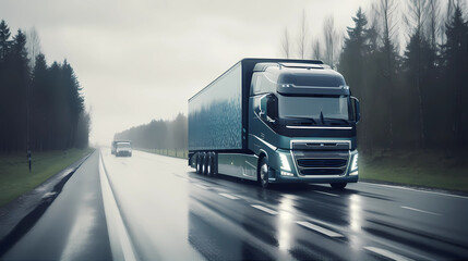 Futuristic electric Truck with trailer rides on the road in a rural region. Transport Concept of the Future. Eco-friendly traffic. Sustainable Development Goals (SDG). generative AI.