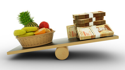 Inflation in Venezuelan, Weighing Venezuelan currency against foodstuffs, high cost of living, 3d rendering
