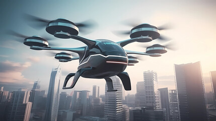 Electric Air taxi drone, eVTOL flying high over a city at sunset. Urban Air Mobility, concept of future transportation. Generative AI.