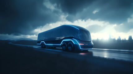 Obraz na płótnie Canvas Futuristic electric Truck with trailer rides on the road in a rural region. Transport Concept of the Future. Eco-friendly traffic. Sustainable Development Goals (SDG). generative AI.