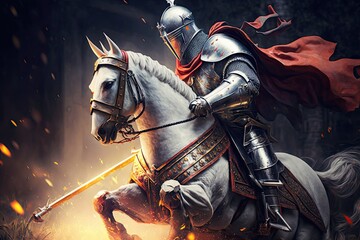 a knight on a white horse with a red cape Generative AI - obrazy, fototapety, plakaty