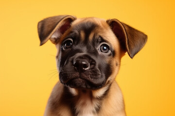 Obraz premium Cute dog puppy studio photography isolated on yellow background. Animal and pet portrait. Ai generated