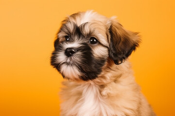 Naklejka na ściany i meble Cute dog puppy studio photography isolated on yellow background. Animal and pet portrait. Ai generated