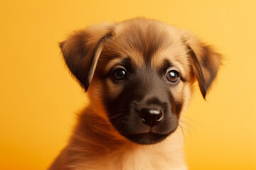 Cute dog puppy studio photography isolated on yellow background. Animal and pet portrait. Ai generated