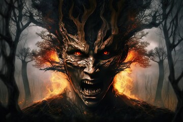 a demonic looking man with red eyes in a forest Generative AI