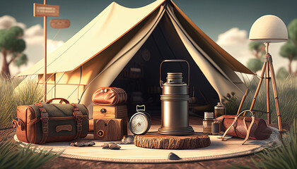 Camping in the desert, cartoon style safari-inspired hipster camping early in the day, Generative AI