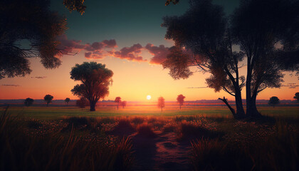 Sunset over the river, sunset over a field with trees, Generative AI