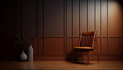 Wooden chair and table, furniture background clean wall wood, Generative AI