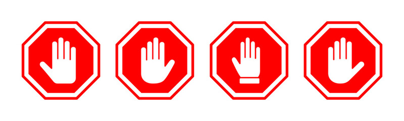 Fototapeta premium Stop icon vector illustration. stop road sign. hand stop sign and symbol. Do not enter stop red sign with hand