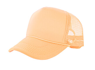 Light orange cap isolated on white background. Fashion hat for design. Pastel color baseball cap on white background. Snapback. Customizable sports cap. Hat. Cotton. Fabric. Yellow