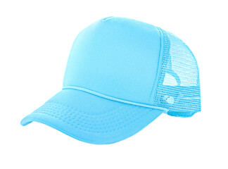 Light blue cap isolated on white background. Fashion hat for design. Pastel color baseball cap on...