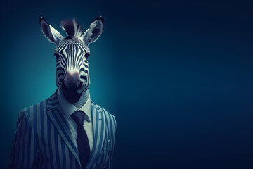 aanthropomorphism zebra in a stylish blue striped  business suit on blue background, an animal entrepreneur, business concept. copy space. generative ai