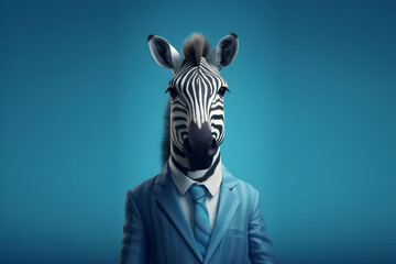 aanthropomorphism zebra in a stylish blue striped  business suit on blue background, an animal entrepreneur, business concept. copy space. generative ai