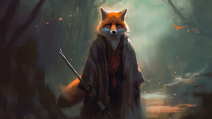 A fox in a traditional shounen poses with a sword under its cloak. Generative ai.
