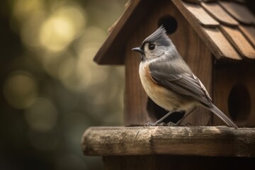 Naklejka premium Stunning close-up portrait of a titmouse perched in front of a small birdhouse, with a blurred garden in the background. With soft and natural lighting. Created with generative A.I. technology.