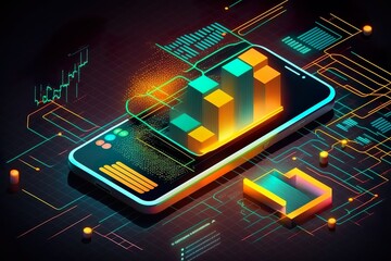 Application of Smartphone with business graph and analytics data on isometric mobile phone